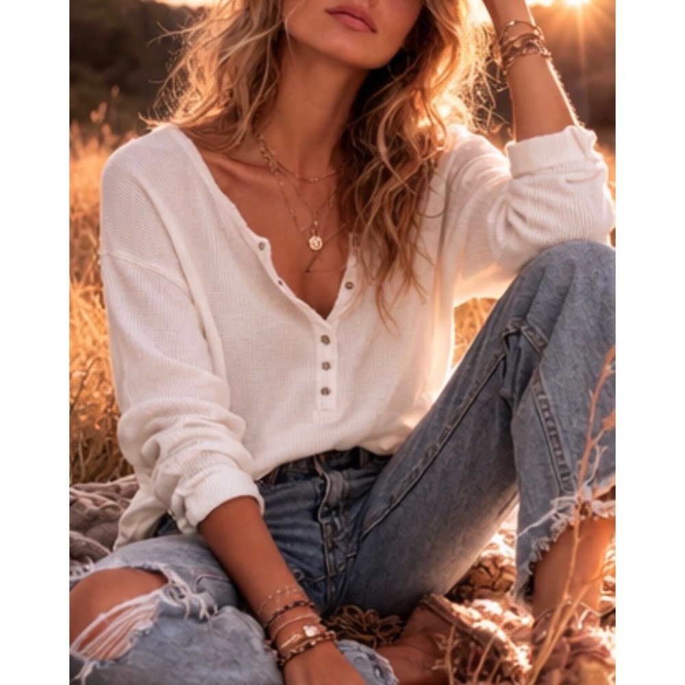 Chicos sz 2(L) womens white cotton button waffle Henley long sleeve shirt top